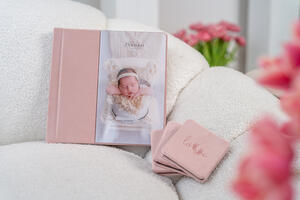 Fotoalbum Pro (20x20 cm) mit Bildfenster (AP3) in Pastellrosa (V11) und 3x Mini-Leporello in V11